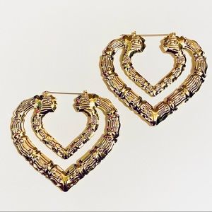 Double Heart Goldtone Doorknocker Bamboo Earrings